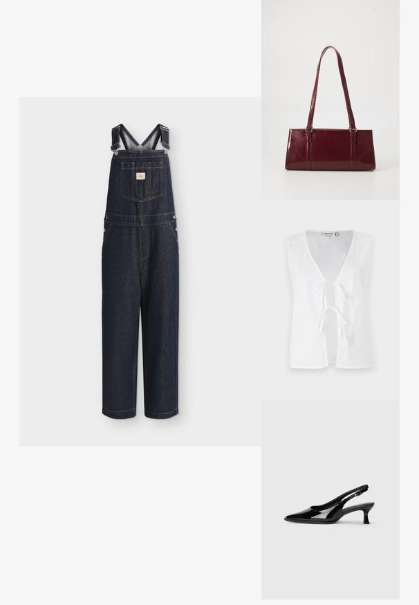 Salopette en denim bleu foncé avec bretelles ajustables, poche poitrine avant avec écusson logo et jambes larges et droites.; Haut sans manches blanc avec un décolleté en V profond, ouverture frontale maintenue par des liens. Texture lisse avec un design minimaliste, sans motifs ni embellissements.; Escarpins en cuir verni noir avec un bout pointu et un petit talon carré. Sangle réglable à la cheville avec boucle.; Sac à main bordeaux en matériau brillant, de forme rectangulaire, avec deux anses et des accents légèrement courbés à l'avant.