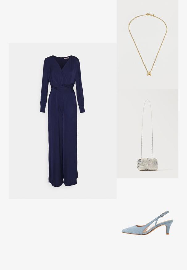 Anna Field Jumpsuit - dark blue; Lichtblauwe nubuck slingback hak, puntige neus, verstelbaar enkelbandje met metalen gesp, natuurlijke beige binnenzool en lage hak.; Rechthoekige zilveren clutch met kralen en bloemenpatronen, voorzien van een lange dunne zilveren kettingriem, tentoongesteld tegen een effen achtergrond.; Delicate gouden ketting met een enkele hanger in de vorm van een hoofdletter "A" en een kleine sluiting.