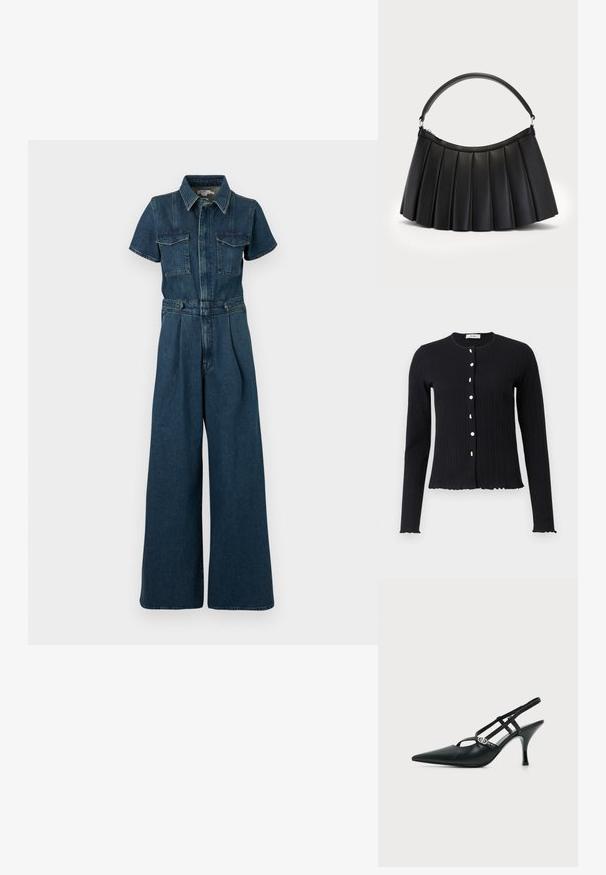 Good American FIT FOR SUCCESS PLEATED WIDE LEG - Overal - indigo; Čierny rebrovaný kardigán s dlhými rukávmi a okrúhlym výstrihom, so šiestimi bielymi gombíkmi a vlnkovaným lemom na manžetách a spodnej časti.; Čierne kožené slingback sandále so špicatou špičkou, tenkými remienkami a malou striebornou dekoratívnou prackou na boku.; Čierna skladaná kabelka vyrobená z umelého kože, s oblúkovou rukoväťou a vrchným zapínaním na zips. Hladká textúra so štruktúrovaným dizajnom.