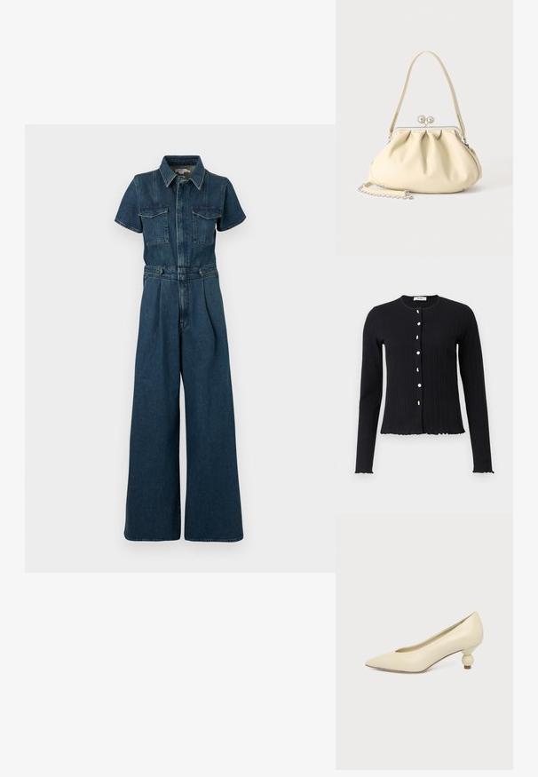 Good American FIT FOR SUCCESS PLEATED WIDE LEG - Lühikeste varrukatega bodi - indigo; Must mustriba pikkade varrukatega kardigan, millel on ümar kaelus, kuue valge nööbiga ja lainelise lõikega äärtega varrukatel ja allosas.; Kreemika värvi naiste terava ninaga madala kontsaga king, mille konts on ümmargune ja pallikujuline, ühevärvilisel taustal.; Kreemjas pehme nahast käekott kogutud disainiga, hõbedane raam-lukk, lühike käepide ja eemaldatav kettaga rihm.