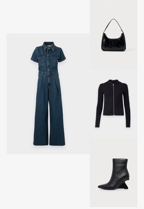 Good American FIT FOR SUCCESS PLEATED WIDE LEG - Buksedragter - indigo; Sort ribbet zip-hoodie lavet af strækstof, med lange ærmer, et tætsiddende design og en lille hætte. Lynlåsen går fra nakken til kanten.; Sort læderankelstøvle med buet skulptureret hæl og Karl Lagerfeld-logo nær den øverste kant på hvid baggrund.; Sort patentlæder håndtaske med et buet topgreb, lynlåsslukning og prægede "cK" logo på fronten. Glat tekstur, struktureret form.
