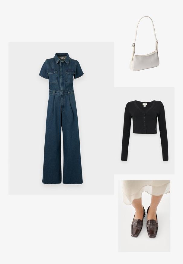 Good American FIT FOR SUCCESS PLEATED WIDE LEG - Overal - indigo; Čierny skrátený cardigan vyrobený z ribované tkaniny. Má dlhé rukávy, výstrih do V a rad šiestich gombíkov na prednej strane. Minimalistický dizajn.; Hnedé kožené mokasíny s lesklým povrchom, obdĺžnikovou špičkou, prešitými detailmi a nízkym, plochým podpätkom.; Biela kabelka cez rameno s nastaviteľným popruhom a jemným textúrovaným vzorom, obdĺžnikový tvar so zaoblenými hranami, strieborná pracka na popruhu.