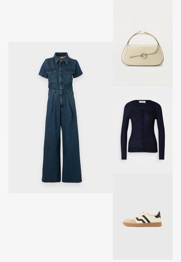 Good American FIT FOR SUCCESS PLEATED WIDE LEG - Jumpsuit - indigo; Dunkelblauer gerippter Cardigan aus leichtem Material, mit Rundhalsausschnitt, langen Ärmeln und einer durchgehenden Knopfleiste mit sechs Knöpfen.; Schnürsneaker mit cremefarbenem Obermaterial, schwarzen Streifen und einer Zehenkappe aus Wildleder, ergänzt durch eine braune Gummisohle.; Cremefarbene Ledertasche mit geschwungener Klappe, rundem silbernem Verschluss und kurzem Tragegriff vor einfachem weißem Hintergrund.