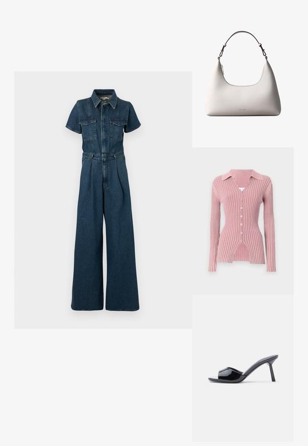 Good American FIT FOR SUCCESS PLEATED WIDE LEG - Mono - indigo; Cardigan de manga larga y canalé en rosa claro, con un cuello con solapas, escote en V y cierre de cinco botones con un distintivo dobladillo dividido.; Sandalias de tacón con punta abierta de charol negro, con un diseño superior curvado y tacón de aguja cónico. Acabado liso y brillante.; Bolso de hombro de cuero color crema de Calvin Klein con borde superior curvado, cremallera plateada y correa ajustable marrón oscuro.