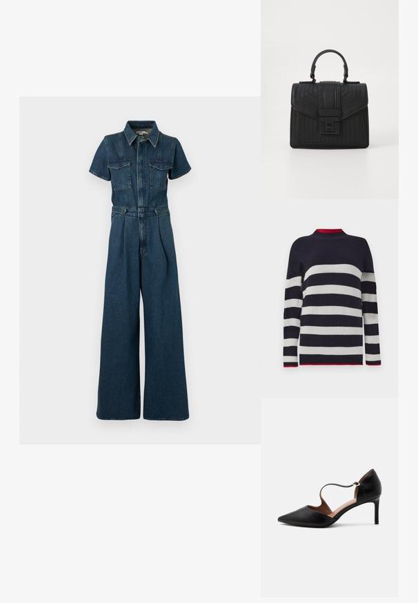 Good American FIT FOR SUCCESS PLEATED WIDE LEG - Combinaison - indigo; Pull rayé bleu marine et blanc avec une texture côtelée, présentant un col haut et des accents rouges au niveau du col et de l'ourlet.; Chaussure à talon haut en cuir noir à bout pointu avec une fine bride à la cheville et un talon stiletto de hauteur moyenne sur fond blanc.; Sac à main en cuir noir avec une texture matelassée, de forme rectangulaire, une anse supérieure et un rabat frontal doté d'un fermoir en métal argenté.