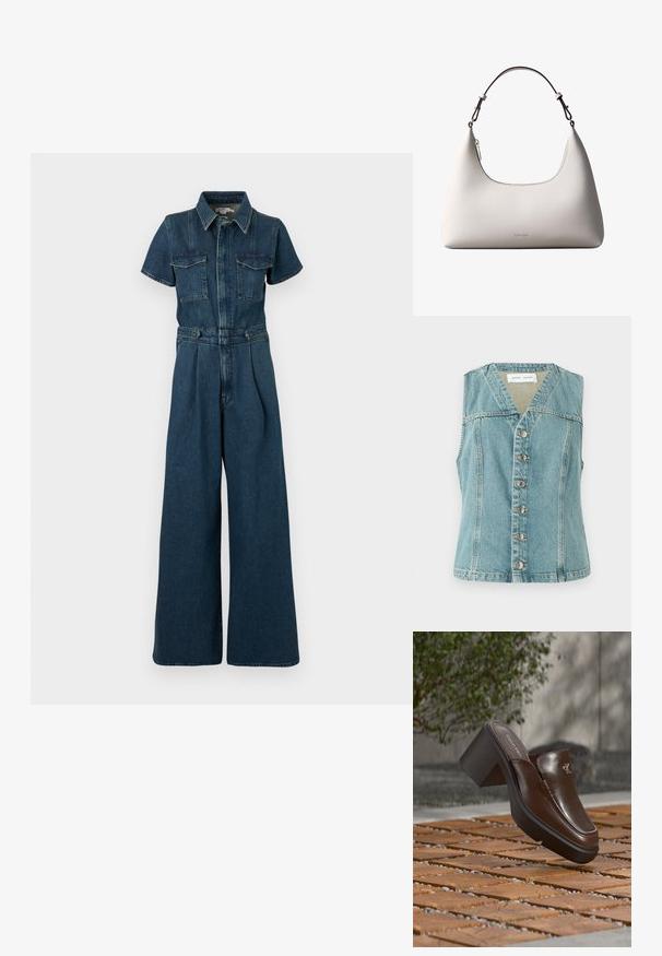 Good American FIT FOR SUCCESS PLEATED WIDE LEG - Jumpsuit - indigo; Lichtblauwe denimvest met een V-hals, mouwloos ontwerp, sluiting met knopen aan de voorkant met zilveren accenten, en een getailleerde pasvorm.; Bruine leren Calvin Klein mule met hak die boven houten tegelvloer zweeft met een vervaagde groene plant en muur op de achtergrond.; Romige Calvin Klein leren schoudertas met gebogen bovenrand, zilveren rits en donkerbruine verstelbare riem.