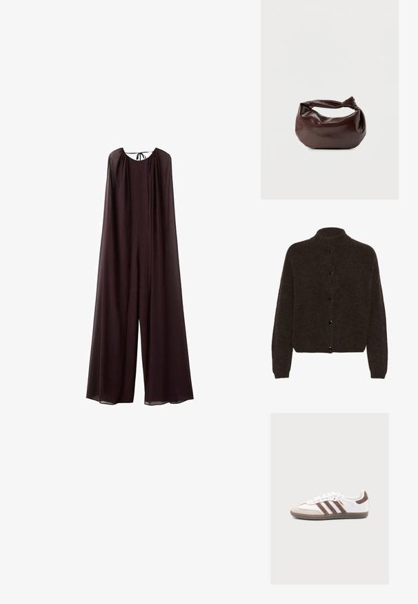 Løs, mørk lilla buksedragt med kapelignende design, rund halsudskæring og bindelukning bagpå; har vidde ben og glat tekstur.; Gestuz ALPHAGZ - Cardigan - dark brown; Hvid Adidas Samba sneaker med brune ruskindstriber, brun ruskindstå og gummisål på en lys grå baggrund.; Mørkebrun læder skuldertaske med en blød, afslappet form og et snoet knudehåndtag på en ensartet hvid baggrund.