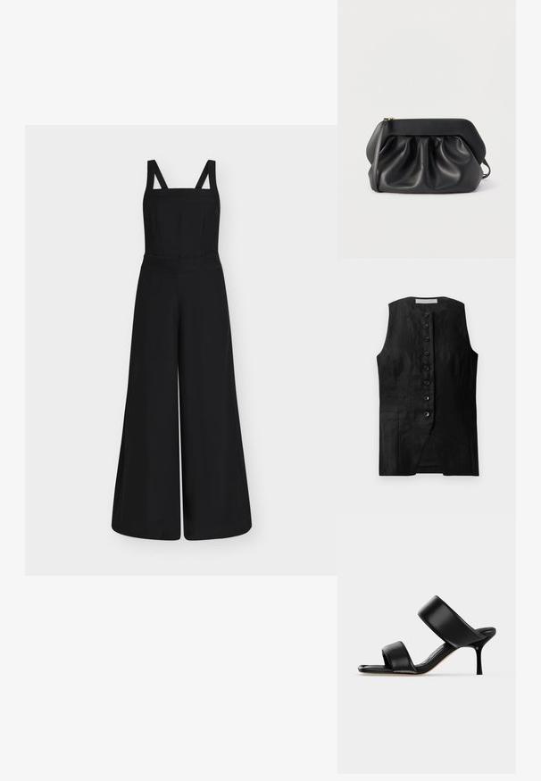 Combinaison noire à jambes larges avec encolure carrée et bretelles épaisses, avec un corsage ajusté et une taille haute.; Gilet noir sans manches avec une coupe droite, présentant un devant boutonné et une texture subtile. Le tissu semble léger et lisse.; Sandale mule en cuir noir avec deux larges brides et un talon stiletto fin de hauteur moyenne sur un fond clair uni.; Pochette en cuir noir avec une structure rigide, des détails froncés et une fine lanière de poignet sur fond blanc.