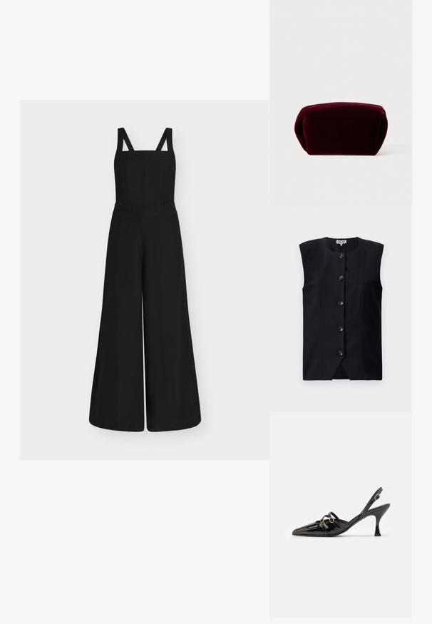 Schwarzer Jumpsuit mit weitem Bein, quadratischem Ausschnitt und dicken Schulterträgern, mit tailliertem Oberteil und hoher Taille.; Marineblauer ärmelloser Weste mit geradem Schnitt, vertikalen Nadelstreifen und sechs Vorderknöpfen, runder Halslinie und einem leichten Schlitz am Boden.; ALOHAS JOELLE ONIX - Pumps - black; Burgunder Samtbeutel mit runder Form, strukturiertem Oberfläche und einem dezenten Reißverschlussverschluss an der Oberseite. Glatt im Inneren.