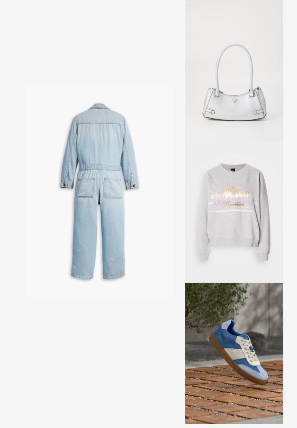 Lichtblauwe denim jumpsuit met lange mouwen, steekzakken aan de voorkant en een rechte pijp. Voorzien van een kraag en knoopdetails.; Grijze sweatshirt met een ronde halslijn, lange mouwen en een grafische print van bergen met de tekst "Colorado Mountains." Zachte textuur.; Blauwe en witte suède sneaker met bruine zool zweeft in de lucht boven een houten tegelvloer buiten vlak bij een muur en een groene struik.; Zilveren handtas met een gestructureerd ontwerp, voorzien van twee handvatten, een glanzende textuur, opvallende hardware en een driehoekig logo aan de voorkant.