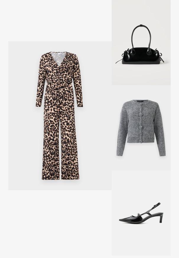 Mono de estampado de leopardo con mangas largas y un diseño envolvente. Hecho de tejido suave, con un fondo beige y acentos negros.; Cárdigan de punto texturizado gris con mangas largas y cuatro grandes botones decorativos en el frente.; Zapato slingback de charol negro con punta puntiaguda, tacón bajo y dos correas ajustables con hebillas, mostrado de perfil lateral.; Pequeño bolso negro brillante con dos asas largas y detalles de cordón lateral sobre un fondo claro liso.