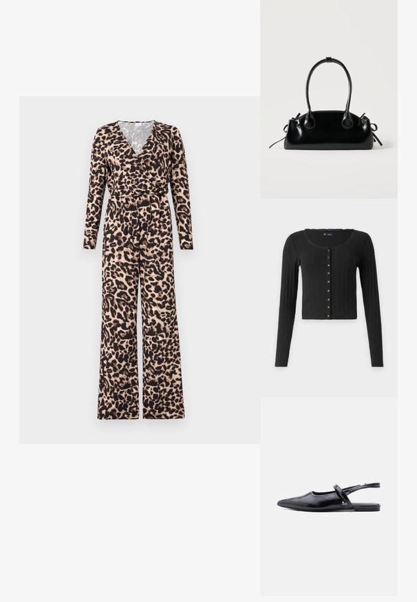 Mono de estampado de leopardo con mangas largas y un diseño envolvente. Hecho de tejido suave, con un fondo beige y acentos negros.; Cárdigan negro de manga larga hecho de tela acanalada con escote en forma de barco, que presenta una fila de botones metálicos en la parte delantera y un corte cropped.; Zapato plano de punta negra con tirante delgado sobre la parte superior y patrón de piel texturizada.; Pequeño bolso negro brillante con dos asas largas y detalles de cordón lateral sobre un fondo claro liso.
