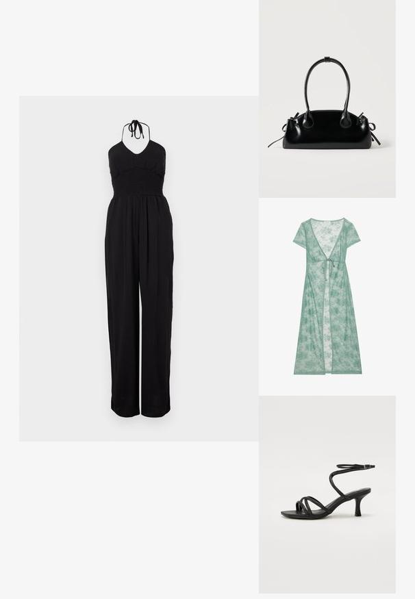 Sort halterneck jumpsuit med smocked liv, vide bukser og en struktureret overflade. Justerbare nakkebånd fuldender designet.; Lang, grøn blomsterlacet dække med korte ærmer, en dyb V-udskæring og en båndlukning i taljen. Letvægts og semi-gennemsigtig tekstur.; Even&Odd Wide Fit Sandaler - black; Lille sort blank håndtaske med to lange håndtag og snøre-detaljer i siden på en ensfarvet lys baggrund.