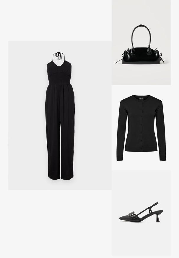 Mono negro de tirantes con corsé fruncido, pantalones de pierna ancha y un acabado texturizado. Los lazos ajustables en el cuello completan el diseño.; Cardigan negro de manga larga hecho de material de punto, con cuello redondo, cierre de botones y puños y dobladillo acanalados. Sin patrones ni acentos.; Simmi London DALA - Tacones - black; Pequeño bolso negro brillante con dos asas largas y detalles de cordón lateral sobre un fondo claro liso.