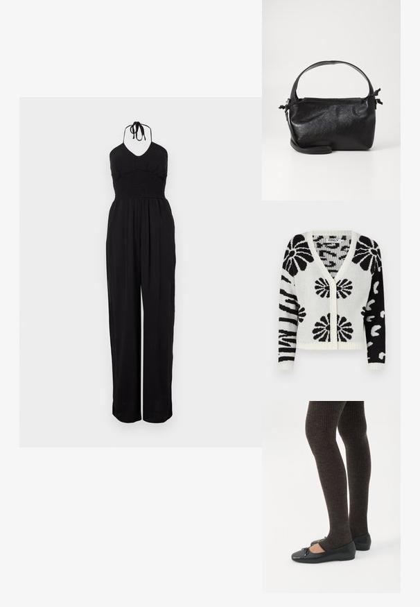 Combinaison noire à encolure halter avec un corsage smocké, des pantalons évasés et une finition texturée. Des liens ajustables au cou complètent le design.; Cardigan à motifs noir et blanc avec un col en V, fermeture à boutons et ourlet côtelé. Présente des motifs floraux et abstraits sur l'ensemble.; Jambes portant des leggings côtelés foncés associés à des ballerines noires avec de petits détails en nœud sur fond blanc.; Sac à main en cuir noir au design structuré, avec une poignée arrondie et une bandoulière amovible. Présente une texture lisse et un éclat subtil.