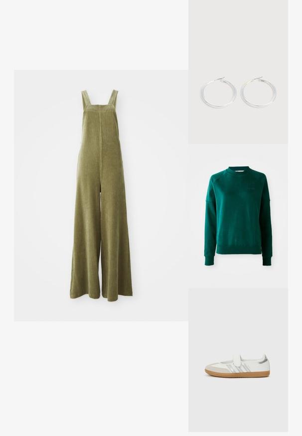Salopettes en velours côtelé vert olive avec jambes larges, bretelles réglables et surface texturée. Design simple, sans motifs ni quincaillerie visibles.; Sweatshirt vert à col rond avec des manches raglan, fabriqué en tissu doux. Il possède un col et des poignets à côtes, ainsi qu'un logo discret sur la poitrine.; Baskets blanches avec rayures argentées, embout en daim et bande velcro. Semelle en caoutchouc gomme texturée. Design minimaliste avec une finition lisse.; Paire de boucles d'oreilles créoles argentées brillantes avec fermoirs en fil fin, présentée sur un fond gris clair.
