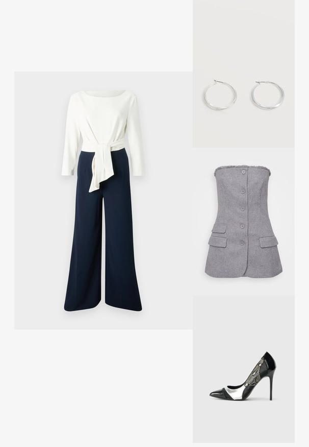 Hvid bluse med lange ærmer og detalje med bundet talje, kombineret med marineblå bukser med vide ben, der viser glat stof og en afslappet silhuet.; Grå, stropløs blazer med tekstureret stof, seks knapper foran og to forlommer. Rå kant detalje ved halsen. Tilpasset pasform.; Sorte og sølv højhælede pumps med spids tå, der har et mesh sidepanel med slangeskindsprint og en elegant stilettohæl.; Sølvfarvede metaloorringe med glat, let buet overflade og låsemekanisme på en ensfarvet hvid baggrund.