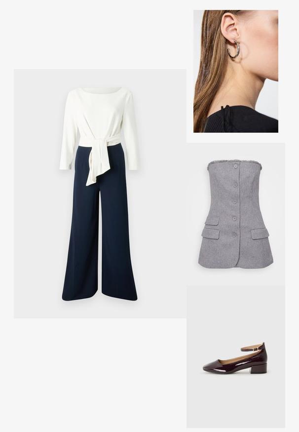Hvid bluse med lange ærmer og detalje med bundet talje, kombineret med marineblå bukser med vide ben, der viser glat stof og en afslappet silhuet.; Grå, stropløs blazer med tekstureret stof, seks knapper foran og to forlommer. Rå kant detalje ved halsen. Tilpasset pasform.; Glansende mørk burgunder hæl sko med rund tå og ankelrem, sat op mod en ensfarvet baggrund.; Sølv hoop ørestik med en poleret overflade, prydet med små guld accenter og en rund form, båret på øreflippen.