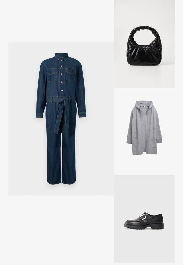 Mørkeblå denim jumpsuit med lange ærmer, frontknaplukning, to brystlommer og et bælte i taljen.; Lys grå åben strik cardigan med lange ærmer, ribbede manchetter, kant og to forlommer.; Sorte lædersko med en rund tå, der har en sidebuckle-detalje og en tyk, robust sål. Glat tekstur med minimal syning.; Sort polstret håndtaske med et rundt håndtag, der har en glat, skinnende overflade og en blød, kviltet tekstur. Ingen synlige hardware eller accenter.