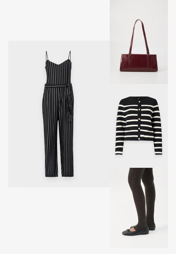Combinaison rayée noir et blanc avec un décolleté en V, des bretelles fines et une taille à nouer. Le matériau semble léger avec une texture lisse.; Cardigan rayé noir et blanc avec un col rond, boutons dorés sur le devant et deux poches avant. Tissu en maille texturée.; Jambes portant des leggings côtelés foncés associés à des ballerines noires avec de petits détails en nœud sur fond blanc.; Sac à main bordeaux en matériau brillant, de forme rectangulaire, avec deux anses et des accents légèrement courbés à l'avant.