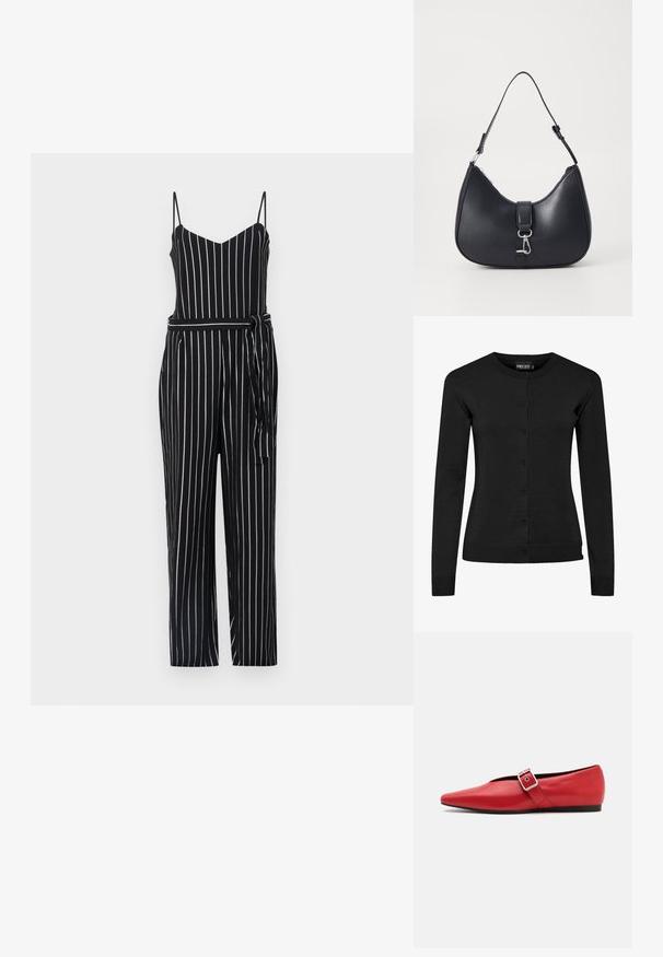 Combinaison rayée noir et blanc avec un décolleté en V, des bretelles fines et une taille à nouer. Le matériau semble léger avec une texture lisse.; Cardigan noir à manches longues en maille, doté d'un col rond, d'une fermeture à boutons et de bords côtelés aux poignets et à l'ourlet. Aucun motif ni accent.; Ballerine en cuir rouge avec une pointe pointue, comportant une lanière sur le côté avec une boucle en métal et un petit talon noir. Texture lisse sur l'ensemble.; Pieces PCLIKA SHOULDER BAG - Sac à main - black