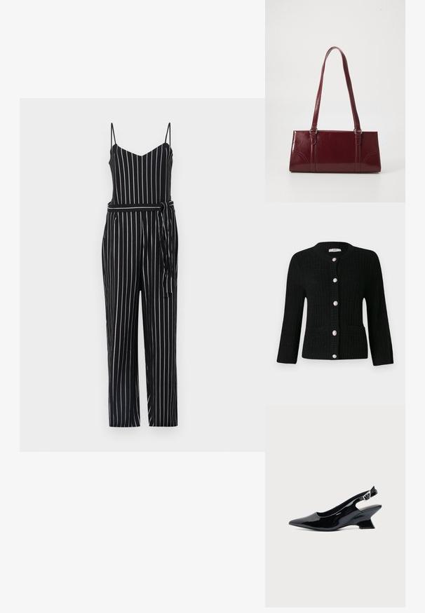 Must-valged mustriga pükskostüüm v-kaelusega, õhukeste nööridega ja nööri vööga. Materjal tundub kerge ja sileda tekstuuriga.; JDY JDYJANNE O NECK CARDIGAN - Kardigan - black; Mustast lakknahast slingback king, millel on terav nina ja madal kalle plokktald, ühtlase heleda taustaga.; Burgundia värvi käekott, mis on valmistatud läikivast materjalist, ristküliku kujuline, kahe õlapaelaga ning ees on peened kaarjad aktsendid.
