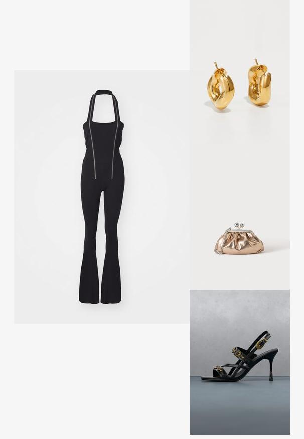 Combinaison noire avec décolleté carré, bretelles réglables et deux fermetures éclair à l'avant ; silhouette ajustée avec jambes évasées et texture lisse.; Sandale noire à talons hauts avec des ornements en clous dorés et une boucle décorative en or, présentée au-dessus d'une surface extérieure carrelée avec des plantes en arrière-plan.; Petit sac pochette métallique dorée avec fermoir argenté et chaîne sur un fond clair uni.; Boucles d'oreilles créoles en or massif avec un design tubulaire légèrement tordu et des fermoirs à tige sur un fond blanc.