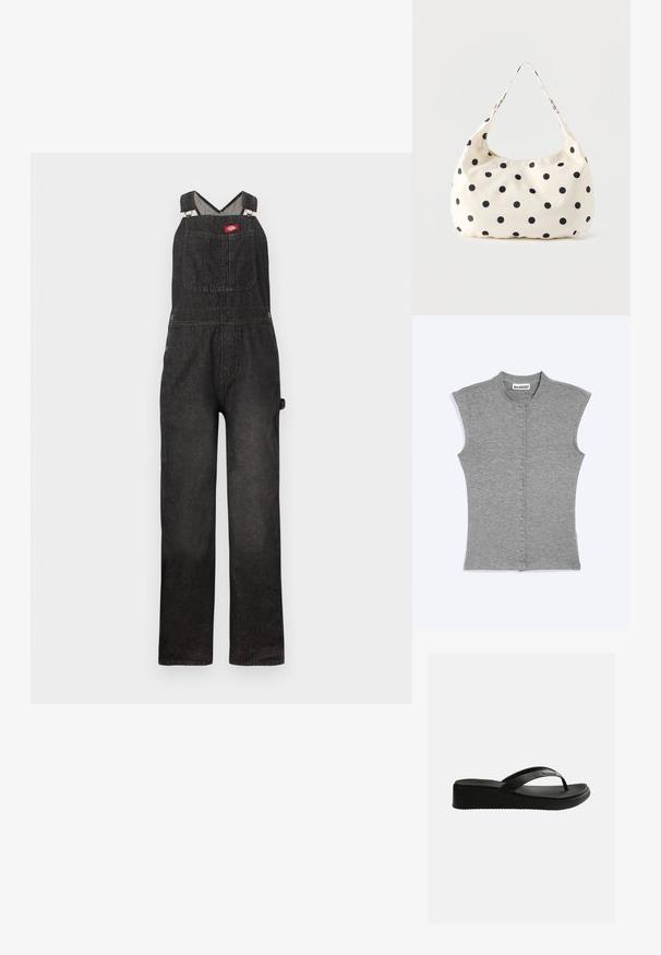 Salopette en denim noir avec bretelles réglables, poche poitrine avant et coupe droite décontractée.; Haut gris sans manches à boutons avec un col rond et une étiquette WEEKDAY au niveau de l'encolure sur un fond uni.; Sandale tongs compensée noire avec semelle texturée et fines lanières arborant un logo discret sur un fond blanc uni.; Sac à main en tissu crème avec des pois noirs et une seule bandoulière, présenté sur un fond blanc uni.