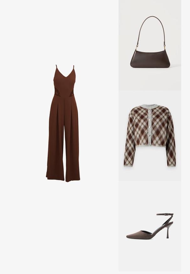 Brun jumpsuit med V-udskæring, tynde stropper, udskårne broderidetaljer på siderne og brede bukser med plisseret design.; Forkortet cardigan i et brunt, gråt og beige diamantmønster. Har en rund halsudskæring og fem sølvfarvede knapper foran.; Brun ruskindspointetrukket højhælet sko med tynd ankelrem og sølvspænde på hvid baggrund.; Mørkebrun læderhåndtaske med en buet toplynlås og en tynd skulderrem med guldfarvede låse på en ensfarvet baggrund.