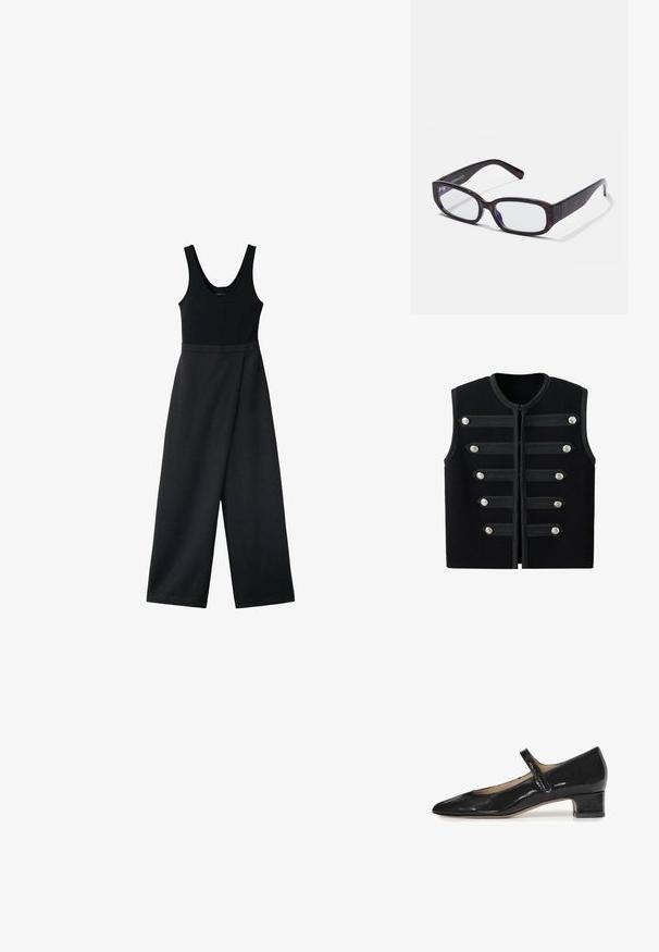 Mono negro sin mangas con piernas anchas y un corpiño ajustado, mostrado sobre un fondo blanco.; Chaleco militar negro sin mangas con cuello redondo, seis correas decorativas horizontales y botones plateados en la parte delantera.; Zapato Mary Jane de charol negro con punta afilada y un tacón bajo en bloque. Presenta una única correa ajustable sobre el empeine.; Gafas rectangulares de carey marrón con lentes transparentes y patillas elegantes, que muestran una textura suave y un diseño minimalista.