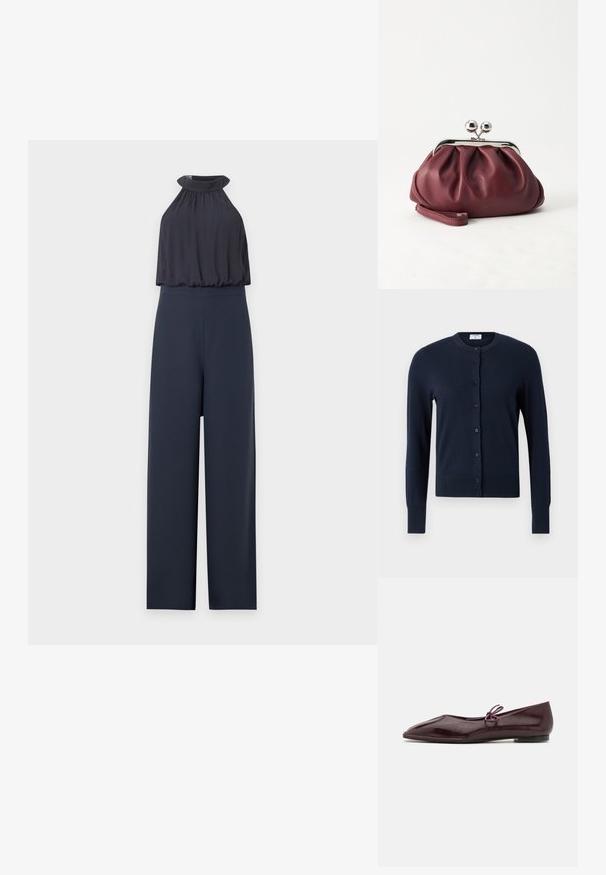 Tumesinine kombinesoon, varrukateta halter-kaeluse ja laiade püksteosadega, kokku kogutud, lahtise ülaosa ja töödeldud vöökohaga.; Filippa K CARDIGAN - Kardigan - navy; Burgundia läikivast nahast ballerina kingad, terava ninaga ja dekoratiivse lilla sõlmega vamps; lame tallaga disain.; Väike burgundia värvi nahast käekott hõbedase metallist klambri ja randmerihmaga valgel taustal.