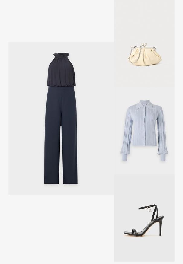 Combinaison bleu marine avec un col halter sans manches et un pantalon à jambes larges, avec un haut froncé, ample et une taille ajustée.; Cardigan bleu clair avec une texture côtelée, fermeture à boutons et col. Comporte des manches longues avec des poignets ajustés.; Sandale à talon haut noire avec une bride étroite à la cheville, bout carré, cuir lisse et accent de boucle métallique.; Pochette en cuir beige plissé avec un cadre en métal argenté, dotée de deux fermoirs ronds décoratifs et d'une chaîne en argent.
