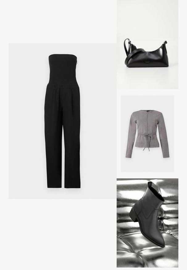 Combinaison noire sans bretelles avec corsage ajusté et pantalon à jambes larges, présentée sur un fond blanc.; Veste grise à manches longues avec fermeture éclair frontale et lien à la taille, présentant un motif chevron discret et un col rond.; Bottine en cuir noir avec un talon bas reposant sur une surface rembourrée en métal argenté brillant, mettant en valeur la texture lisse et le design élégant.; Sac à main en cuir noir avec une texture lisse. Dispose d'une bandoulière adjustable et d'un design élégant et minimaliste avec une fermeture éclair.