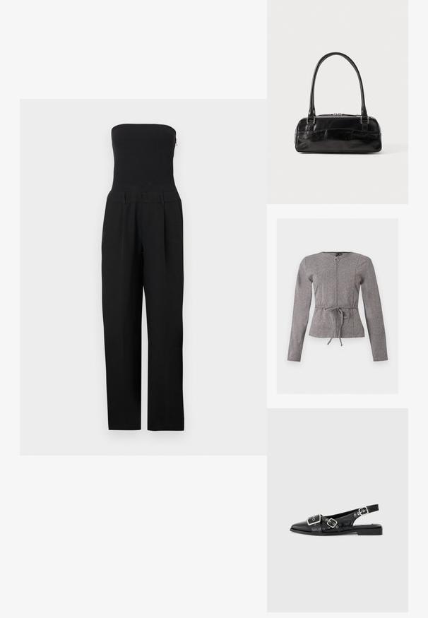 Zwarte strapless jumpsuit met nauwsluitend lijfje en wijde pijpen, gepresenteerd op een witte achtergrond.; Grijze jas met lange mouwen, ritssluiting aan de voorkant en taillekoord, met een subtiel visgraatpatroon en ronde halslijn.; Zwart leren slingback schoen met een spitse neus, twee zilveren gespen en een lage blokhak. Bevat een gemêleerde bovenkant en een open achterkant.; Zwarte leren handtas met een rechthoekige vorm, voorzien van een enkele gestructureerde handgreep, zilveren hardware en ritsluiting. Gladde textuur.