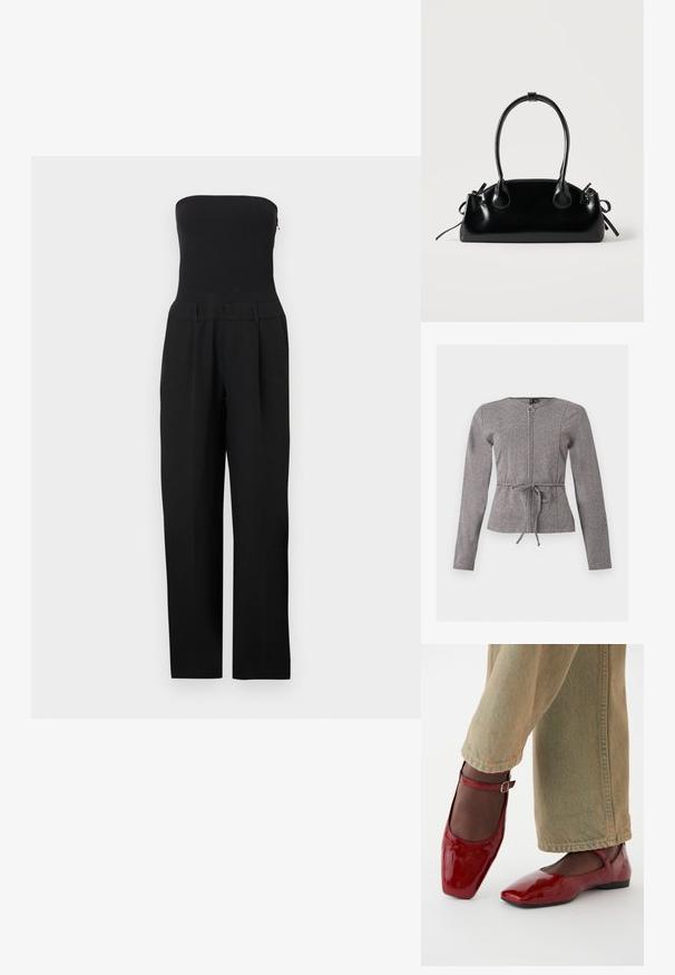 Sort stropløs jumpsuit med tætsiddende overdel og bukser med vide ben vist på en hvid baggrund.; Grå jakke med lange ærmer, frontlynlås og taljebånd, med et diskret sildebensmønster og rund halsudskæring.; Røde patentlæder sko med firkantet tå, lav hæl og ankelrem, parret med lysegrønne vide bukser. Glat tekstur, reflekterende overflade.; Lille sort blank håndtaske med to lange håndtag og snøre-detaljer i siden på en ensfarvet lys baggrund.
