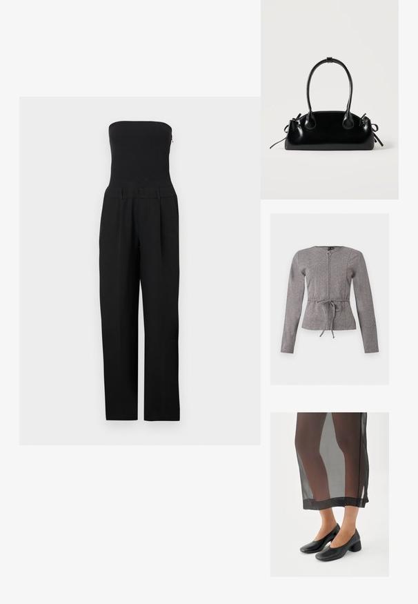 Combinaison noire sans bretelles avec corsage ajusté et pantalon à jambes larges, présentée sur un fond blanc.; Veste grise à manches longues avec fermeture éclair frontale et lien à la taille, présentant un motif chevron discret et un col rond.; Chaussures noires à talons blocs avec une finition en cuir lisse, portées avec une jupe noire transparente à ourlet net et design minimaliste.; Petit sac à main noir brillant avec deux longues anses et des détails à cordon sur les côtés sur un fond clair uni.