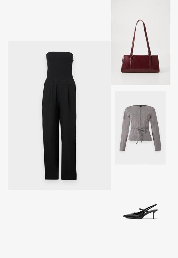 Zwarte strapless jumpsuit met nauwsluitend lijfje en wijde pijpen, gepresenteerd op een witte achtergrond.; Grijze jas met lange mouwen, ritssluiting aan de voorkant en taillekoord, met een subtiel visgraatpatroon en ronde halslijn.; Zwarte leren slingback hakken met een puntige neus, slanke verstelbare band en een ongeveer 5 cm hoge stiletto hak, met een gladde textuur.; Bourgondische handtas van glanzend materiaal, rechthoekige vorm, met twee schouderbanden en subtiele gebogen accenten aan de voorkant.