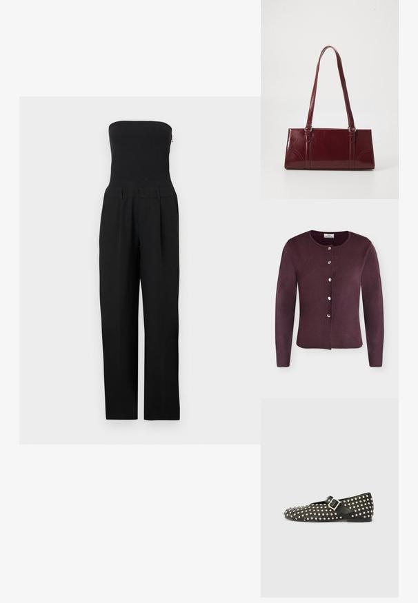Sort stropløs jumpsuit med tætsiddende overdel og bukser med vide ben vist på en hvid baggrund.; Mørk lilla cardigan med lange ærmer, rund halsudskæring og seks sølvfarvede trykknapper foran.; Sort flad sko med rundet tå, pyntet med sølvnitter. Har en spænde-rem over vristen. Glat tekstur, lav hæl.; Bordeaux håndtaske lavet af glansfuldt materiale, rektangulær form, med to skulderremme og subtile buede detaljer på forsiden.