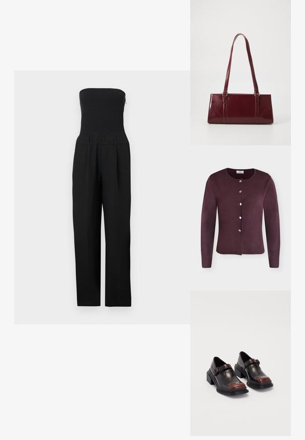 Zwarte strapless jumpsuit met nauwsluitend lijfje en wijde pijpen, gepresenteerd op een witte achtergrond.; Donkerpaarse cardigan met lange mouwen, een ronde hals en zes zilveren drukknoopjes aan de voorkant.; Leren blokhak schoenen met een glanzende donkerburgundy afwerking, voorzien van een gespstrap en een rond neusstuk. Getextureerde zool voor grip.; Bourgondische handtas van glanzend materiaal, rechthoekige vorm, met twee schouderbanden en subtiele gebogen accenten aan de voorkant.