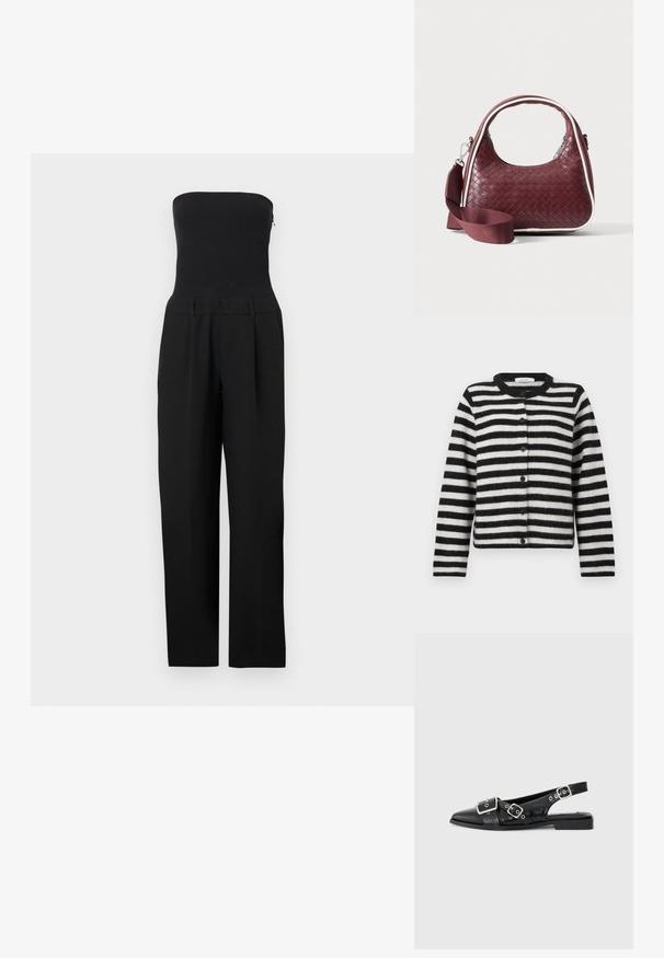 Sort stropløs jumpsuit med tætsiddende overdel og bukser med vide ben vist på en hvid baggrund.; Sort og hvidt vandret stribet knap-op cardigan med lange ærmer og rund halsudskæring, lagt fladt på en hvid baggrund.; Sorte læderslingbacksko med spids tå, to sølvspænder og en lav blokhæl. Har en struktureret overdel og åben bag.; Mørkerød vævet lædertaske med buet hank, hvid kant, sølv lynlås og aftagelig bred stofskulderrem mod en ensfarvet baggrund.