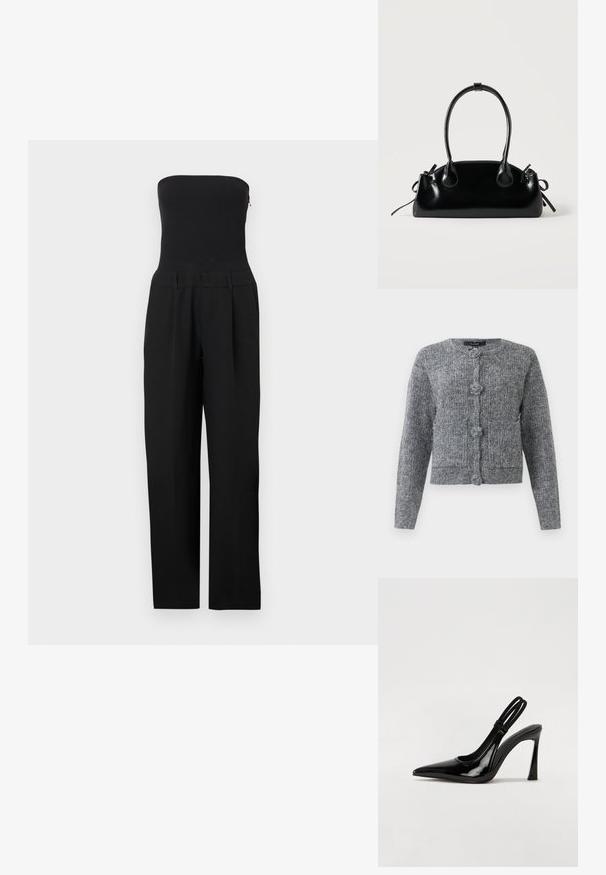 Mono negro sin tirantes con corsé ajustado y pantalones de pierna ancha, mostrado sobre un fondo blanco.; Cárdigan de punto texturizado gris con mangas largas y cuatro grandes botones decorativos en el frente.; Zapato de tacón con tirante en negro de charol, punta afilada, tacón alto y delgado, y doble tira elástica para un ajuste seguro. Superficie suave y brillante.; Pequeño bolso negro brillante con dos asas largas y detalles de cordón lateral sobre un fondo claro liso.