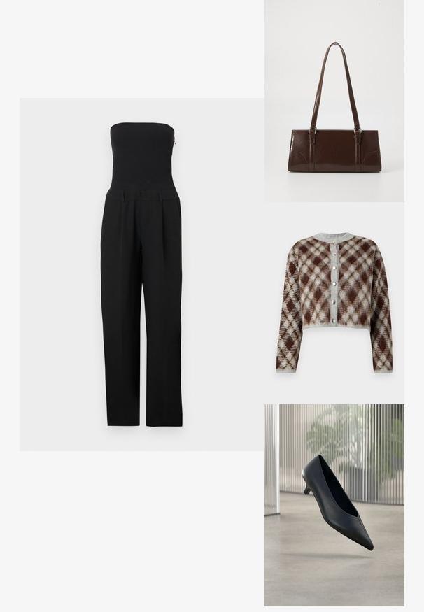 Zwarte strapless jumpsuit met nauwsluitend lijfje en wijde pijpen, gepresenteerd op een witte achtergrond.; Korte cardigan in een bruine, grijze en beige ruitpatroon. Voorzien van een ronde hals en vijf zilverkleurige knopen aan de voorkant.; Zwarte kitten heel schoen met puntige neus die boven een gladde betonnen vloer zweeft, met verticale doorschijnende panelen op de achtergrond.; Bruine lakleren handtas met een rechthoekige vorm, twee lange handvatten en subtiele gebogen accenten aan de voorkant.