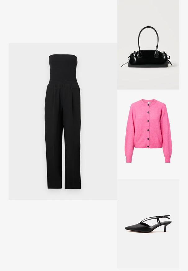 Schwarzer trägerloser Overall mit tailliertem Oberteil und weitem Hosenbein auf weißem Hintergrund dargestellt.; Heller rosa gestrickter Cardigan mit langen Ärmeln, rundem Hals, gerippten Bündchen und Saum sowie sechs dunklen Knöpfen auf der Vorderseite.; Schwarzer Leder-Kitten-Heel mit spitzer Schuhspitze, dünnem Knöchelriemen und Schnalle, Slingback-Design, auf hellem einfarbigem Hintergrund.; Kleine schwarze glänzende Handtasche mit zwei langen Griffen und seitlichen Kordelzug-Details vor einfachem hellem Hintergrund.