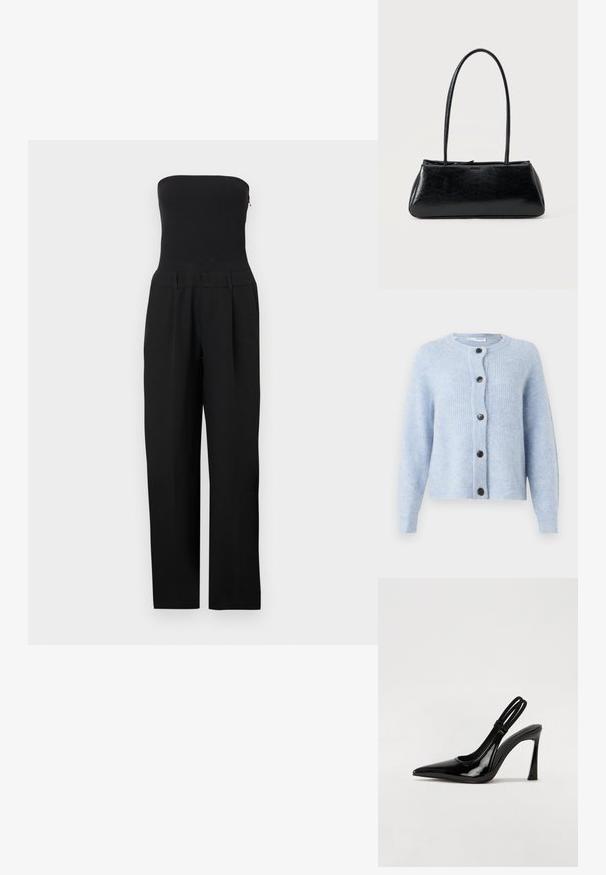 Sort stropløs jumpsuit med tætsiddende overdel og bukser med vide ben vist på en hvid baggrund.; Lyseblå cardigan lavet af blødt, ribbet materiale, med rund halsudskæring, lange ærmer og seks sorte knapper nedad foran.; Sorte patenterede lædersædler med spidse tæer, slank høj hæl og dobbelt elastisk rem for sikker pasform. Glat, skinnende overflade.; Sort rektangulær skuldertaske med lange tynde stropper og en glat, blank tekstur på en ensfarvet baggrund.