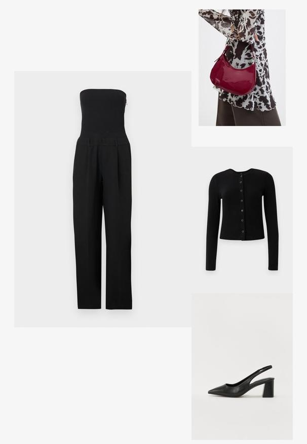 Zwarte strapless jumpsuit met nauwsluitend lijfje en wijde pijpen, gepresenteerd op een witte achtergrond.; Zwarte geribbelde lange mouwen cardigan met een ronde halslijn en centrale knoopsluiting, voorzien van metalen knopen en een getailleerde pasvorm.; Zwarte leren slingback hakken met een spitse neus en een blokhak. Heeft een uitgesneden ontwerp en een gladde textuur, minimalistisch en modern.; Vrouw met een zwart-wit gebloemde blouse houdt een glanzende rode schoudertas vast tegen een effen achtergrond.