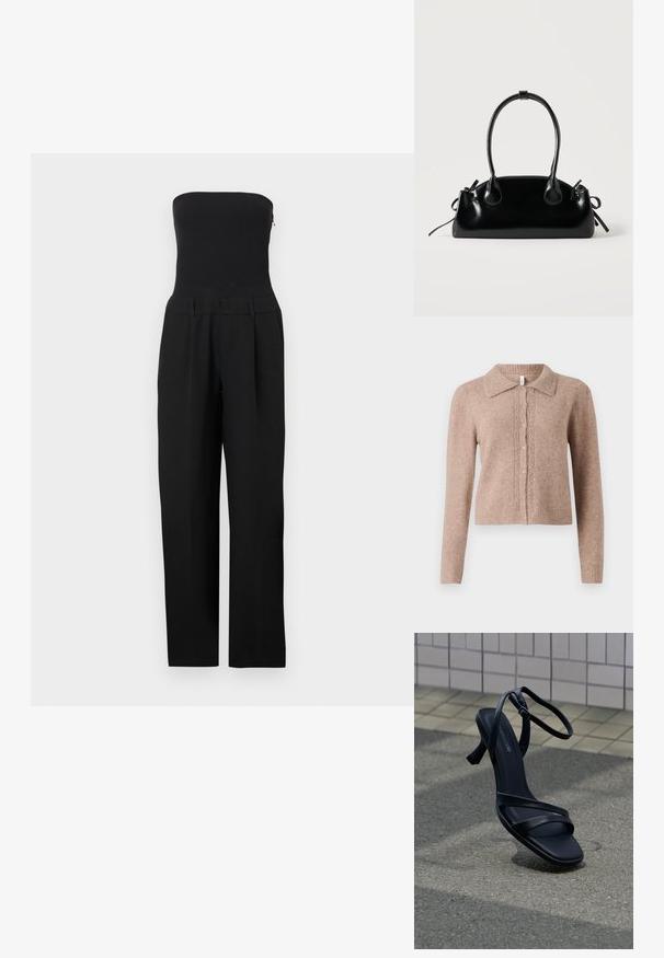 Sort stropløs jumpsuit med tætsiddende overdel og bukser med vide ben vist på en hvid baggrund.; Beige strikket cardigan med krave, prydet med dekorative knapper og diskrete udsmykninger ned foran. Blød tekstur, ribbet kant.; Sort højhælet sandal med stropper og ankelspænde, der svæver over tekstureret gråt fortov med flisebelagt væg i baggrunden.; Lille sort blank håndtaske med to lange håndtag og snøre-detaljer i siden på en ensfarvet lys baggrund.