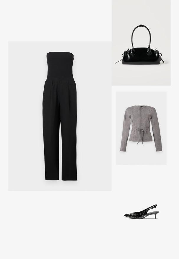 Combinaison noire sans bretelles avec corsage ajusté et pantalon à jambes larges, présentée sur un fond blanc.; Veste grise à manches longues avec fermeture éclair frontale et lien à la taille, présentant un motif chevron discret et un col rond.; Talons aiguilles noires en cuir avec un bout pointu et un petit talon. Décorées de clous métalliques le long du dessus pour une texture supplémentaire.; Petit sac à main noir brillant avec deux longues anses et des détails à cordon sur les côtés sur un fond clair uni.