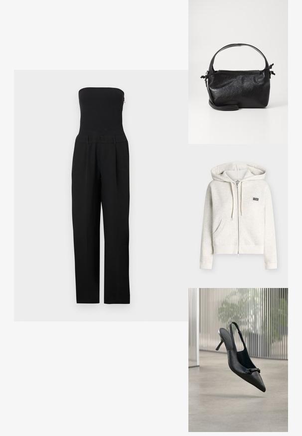 Combinaison noire sans bretelles avec corsage ajusté et pantalon à jambes larges, présentée sur un fond blanc.; Sweat à capuche zippé beige clair avec poches avant, capuche à cordon, poignets et ourlet côtelés, et un petit logo carré sur la poitrine gauche.; Chaussure à talon haut à bride arrière en cuir noir texturé avec un bout pointu et une petite boucle décorative, flottant au-dessus d'un sol lisse.; Sac à main en cuir noir au design structuré, avec une poignée arrondie et une bandoulière amovible. Présente une texture lisse et un éclat subtil.