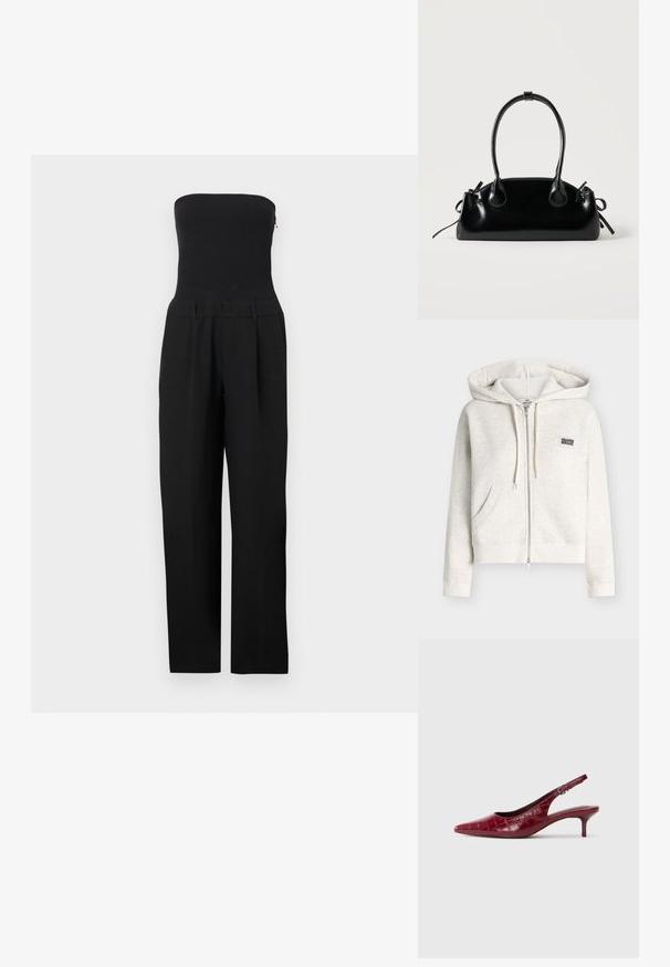Combinaison noire sans bretelles avec corsage ajusté et pantalon à jambes larges, présentée sur un fond blanc.; Sweat à capuche zippé beige clair avec poches avant, capuche à cordon, poignets et ourlet côtelés, et un petit logo carré sur la poitrine gauche.; Escarpin à talon kitten en cuir bourgogne avec texture crocodile, bout pointu, bride ajustable et talon bas sur fond blanc.; Petit sac à main noir brillant avec deux longues anses et des détails à cordon sur les côtés sur un fond clair uni.