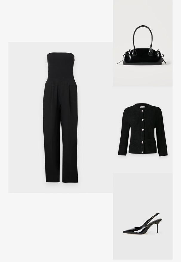 Must mustriga lõhikuteta kombinesoon, millel on keha vormiv ülaosa ja laiad püksisääred, valgel taustal.; JDY JDYJANNE O NECK CARDIGAN - Kardigan - black; Must värviline lakknahast terava nina ja kõrge kontsaga slingback king, millel on õhuke rihm ja kuldne võtmehoidja, valgel taustal.; Väike must läikiv käekott kahe pika sangaga ja külgedel paelakinnitustega, ühel lihtsal helel taustal.